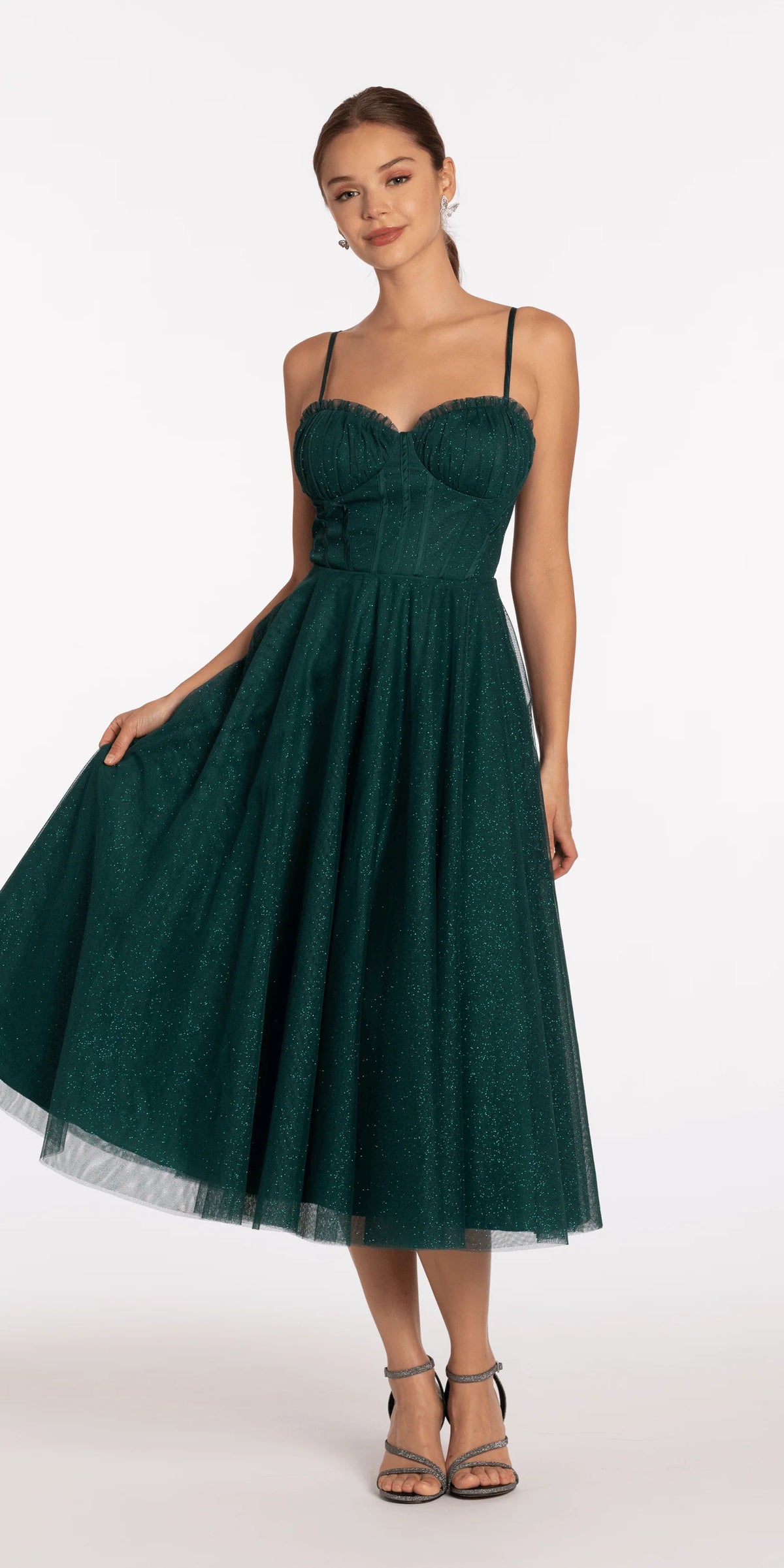 Glitter Mesh Sweetheart Pleated Tea Length Dress