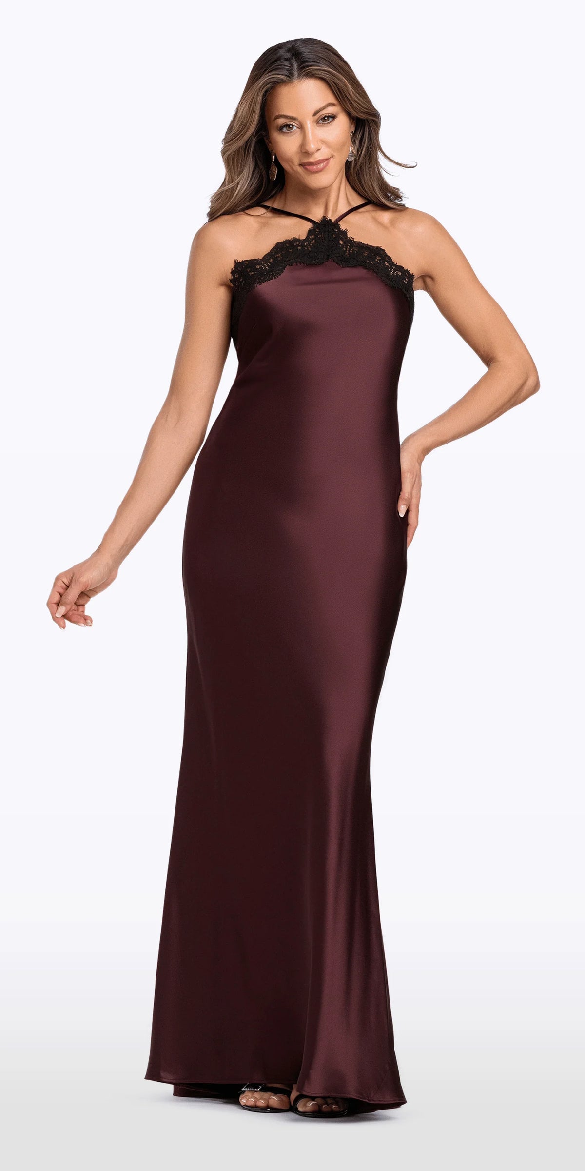 Satin Halter Column Dress with Lace Detail