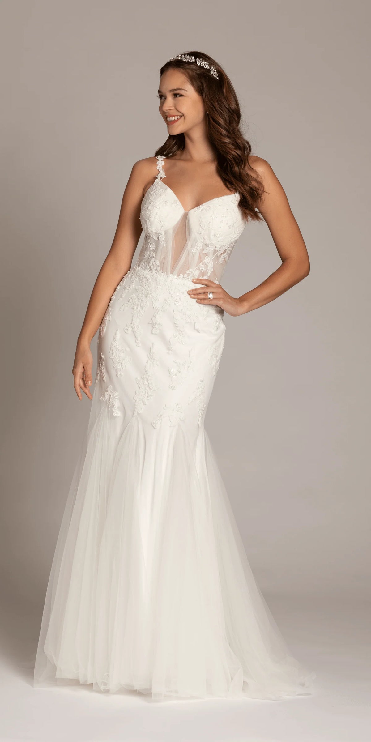 Mesh Sweetheart Plunge Mermaid Dress with Beaded Appliques