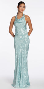 Drape Neck Tie Back Jacquard Column Dress