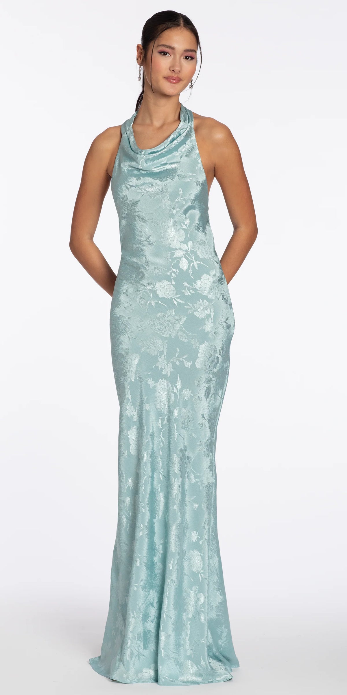 Drape Neck Tie Back Jacquard Column Dress