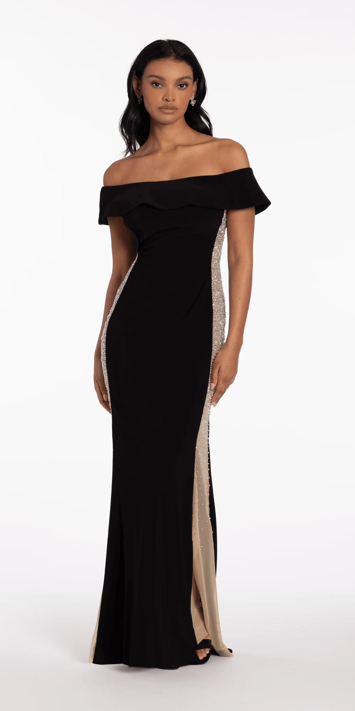 Jersey Off the Shoulder Column Dress with Beaded Side Panels