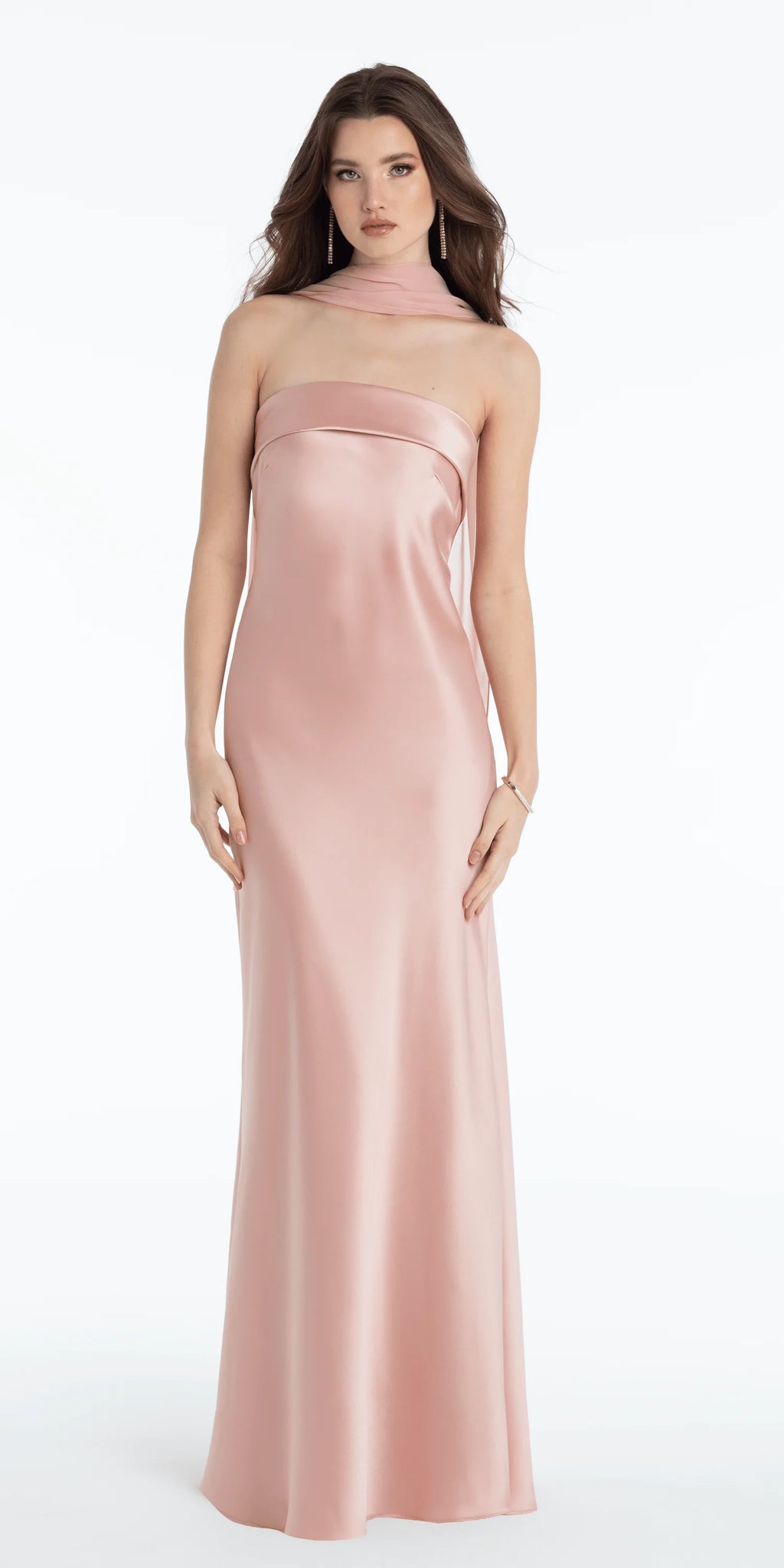 Strapless Satin Cuff Column Dress with Chiffon Shawl