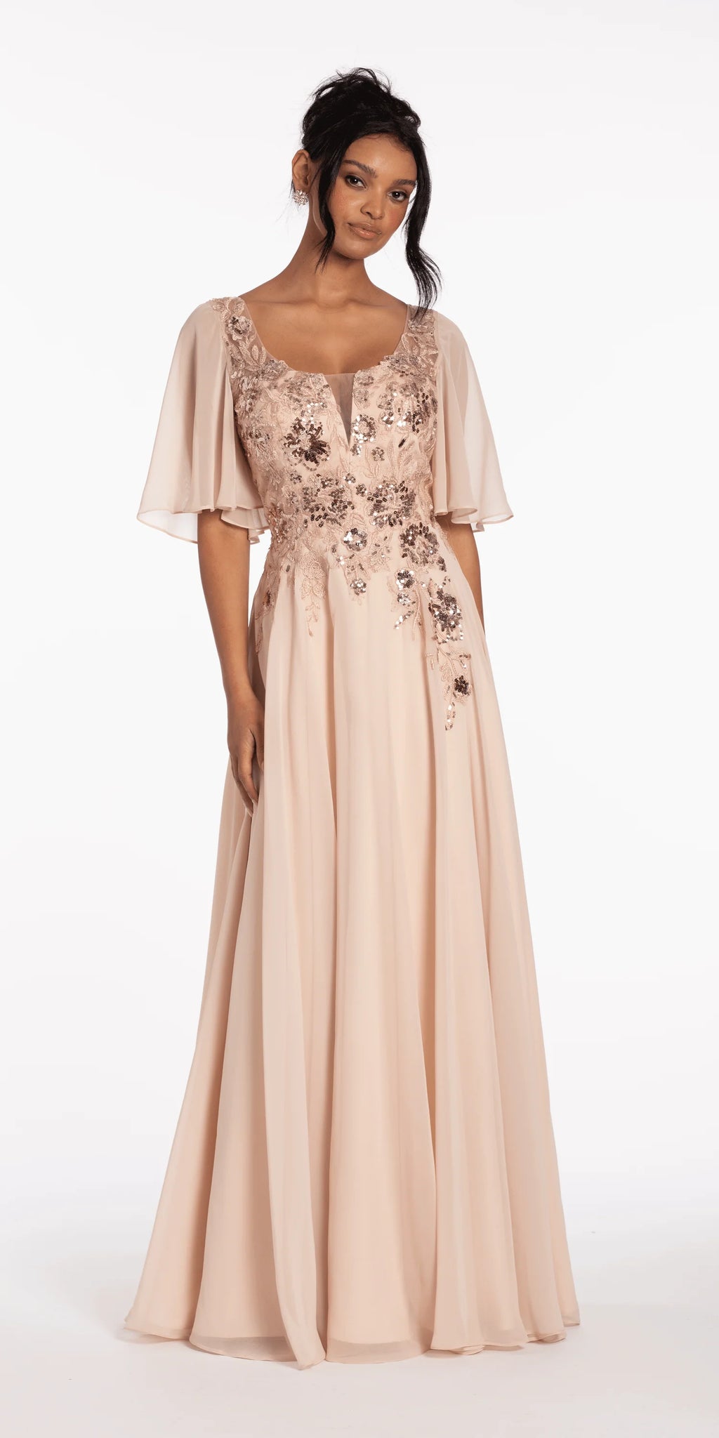 Scoop Neck Chiffon Flutter Sleeve Embroidered A line Dress