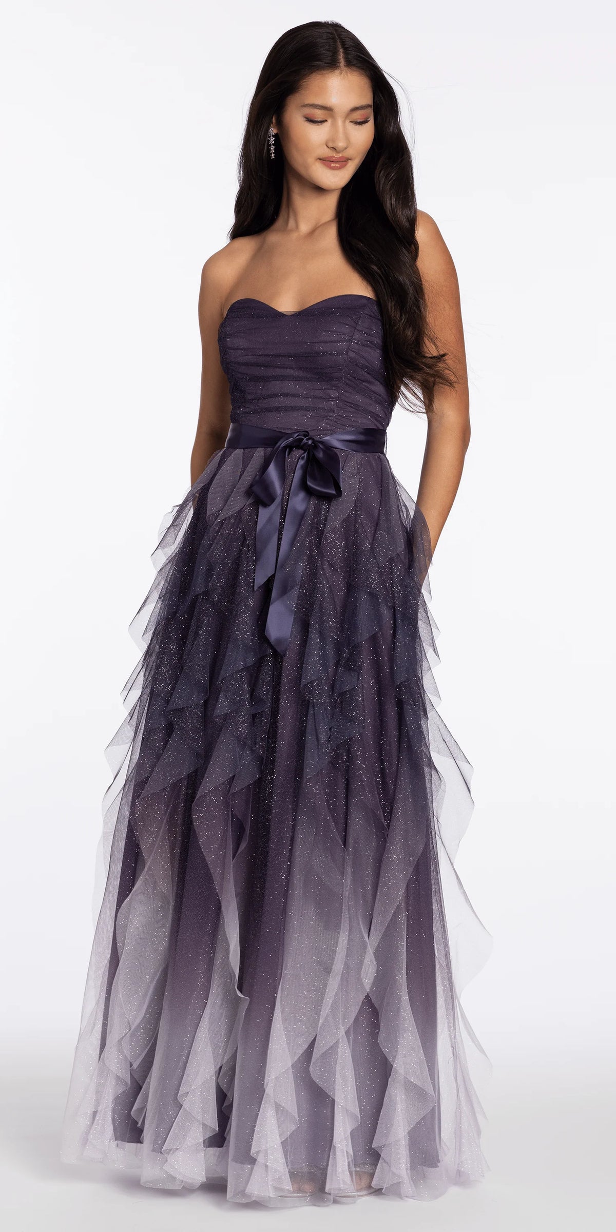 Strapless Glitter Mesh Ombre Tendril Dress with Satin Tie