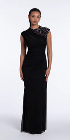Two Tone Mesh Jewel Neck Cap Sleeve Column Dress with Ruching
