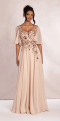 Scoop Neck Chiffon Flutter Sleeve Embroidered A line Dress