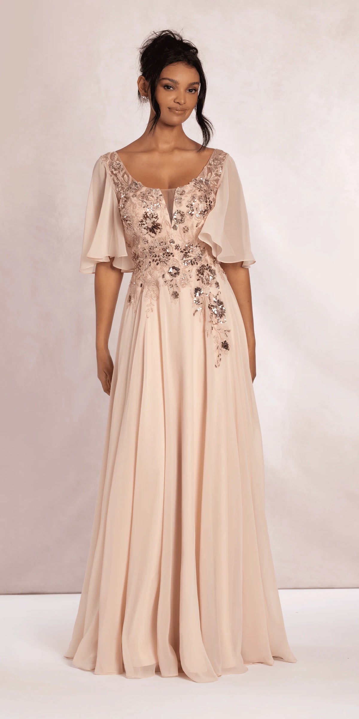 Scoop Neck Chiffon Flutter Sleeve Embroidered A line Dress