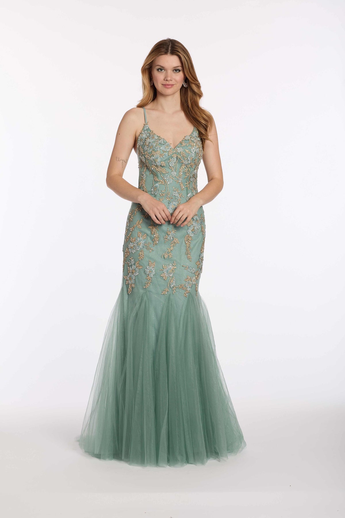 V Back Mesh Embroidered Mermaid Dress with Godets