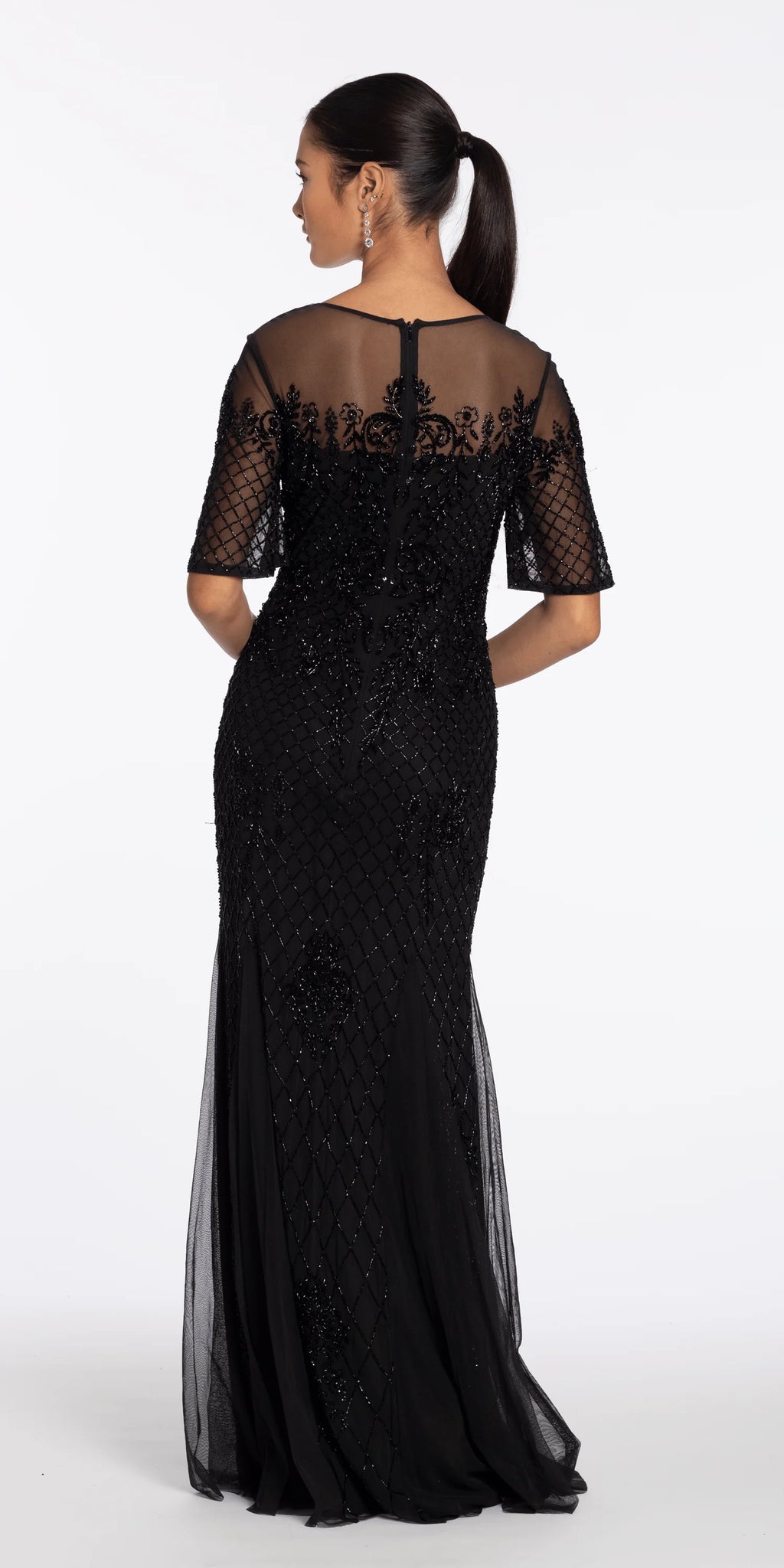 Beaded Illusion Short Sleeve Trumpet Dress with Godets