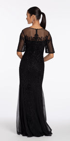 Beaded Illusion Short Sleeve Trumpet Dress with Godets