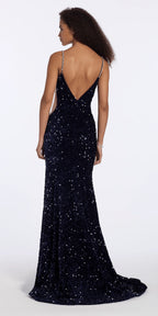 Sequin Velvet Plunging Column Dress with Rhinestone Detail