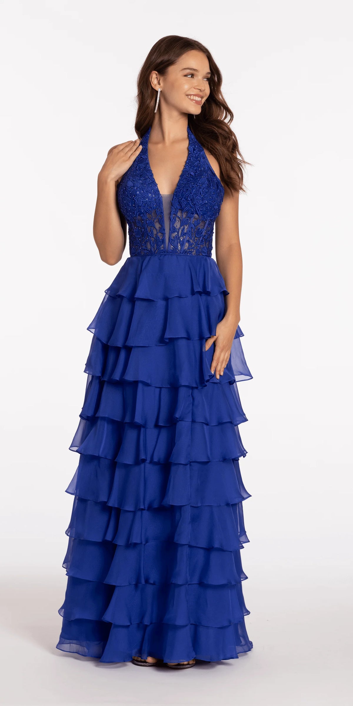 Chiffon Tiered Halter A Line Dress with Embellished Appliques