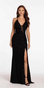 Strappy Back Spandex Halter Trumpet Dress with Beaded Appliques