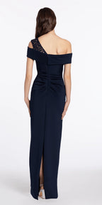Lace One Shoulder Foldover Scuba Column Dress with Back Slit