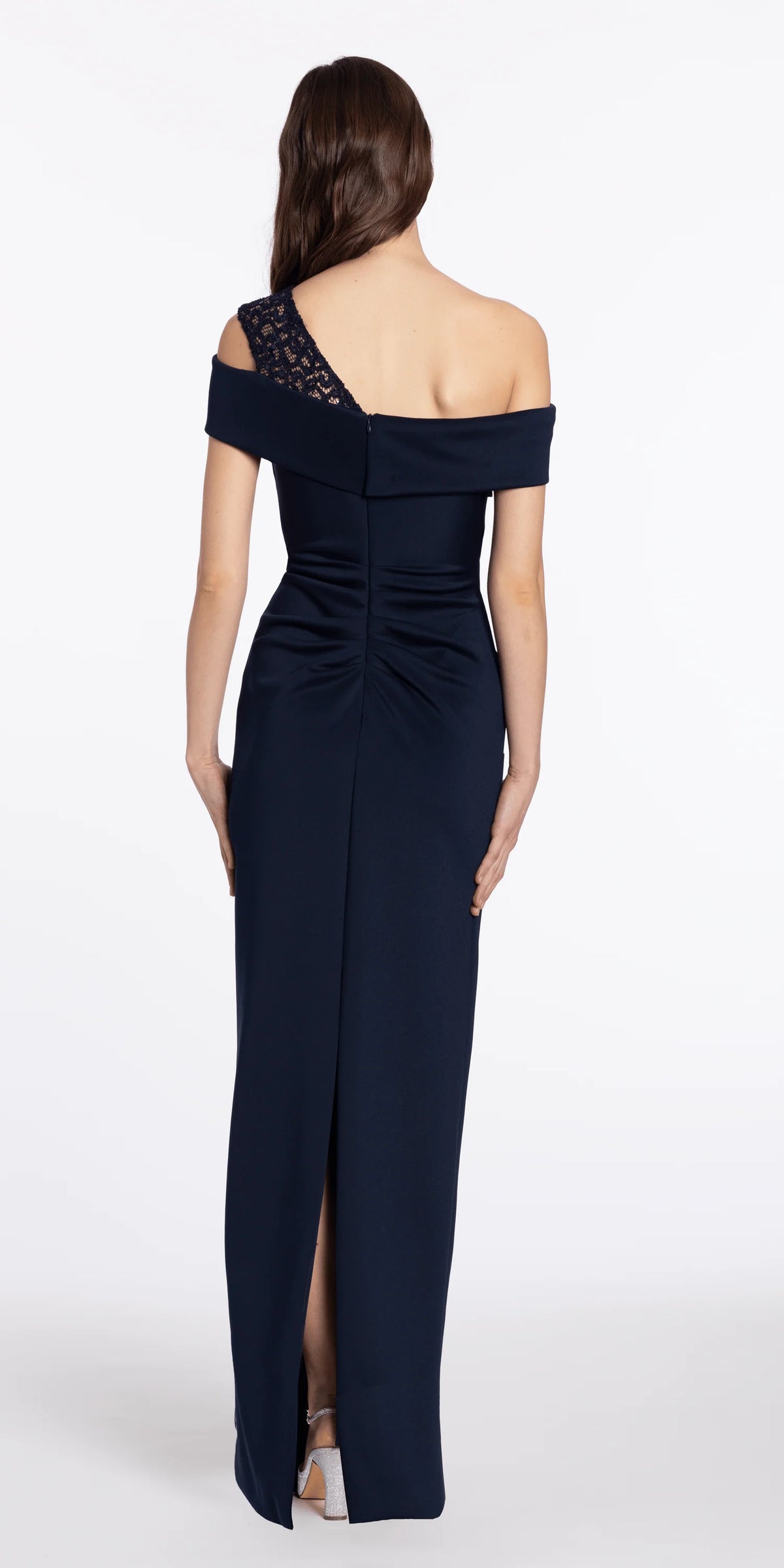 Lace One Shoulder Foldover Scuba Column Dress with Back Slit