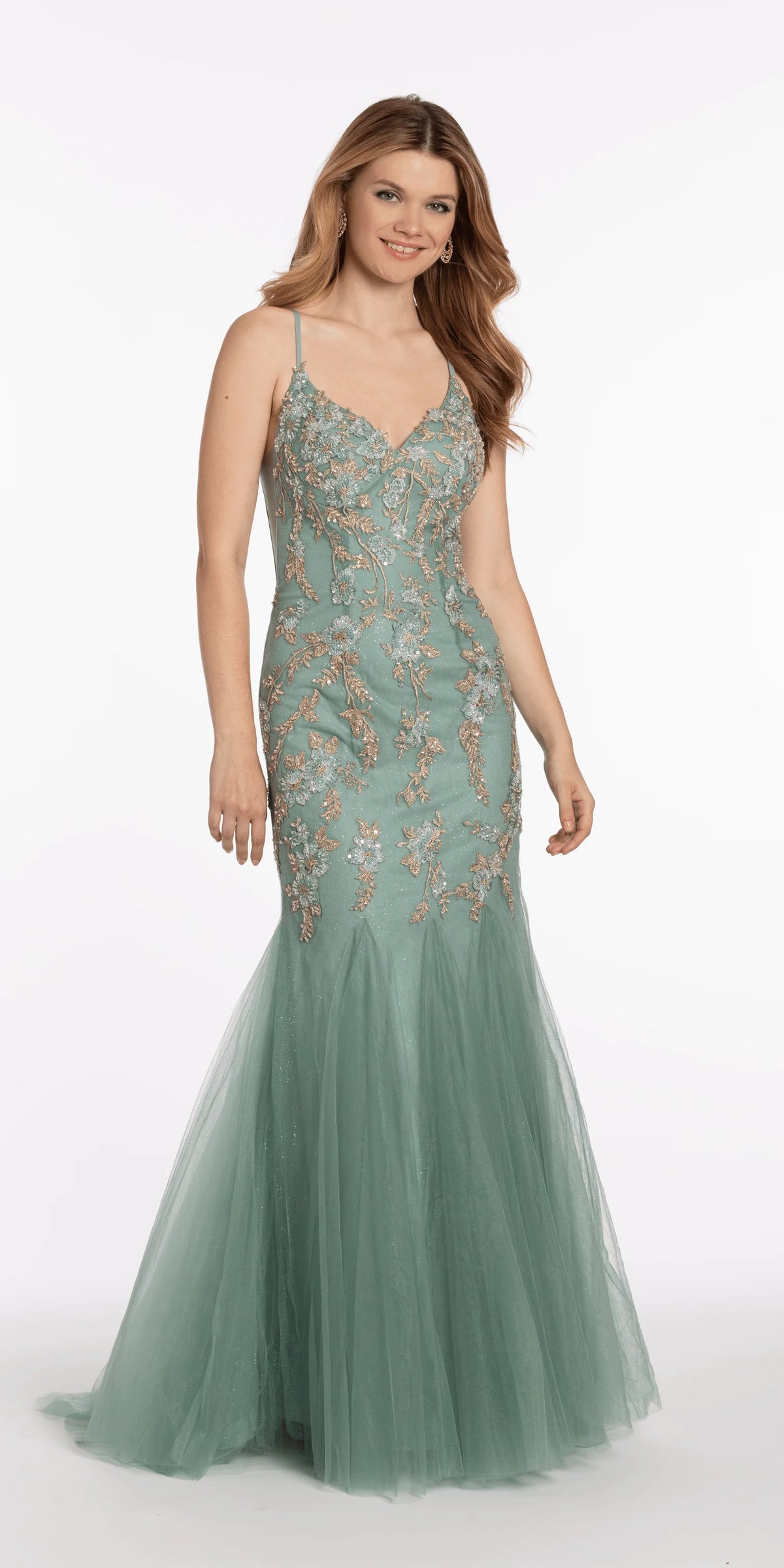 V Back Mesh Embroidered Mermaid Dress with Godets