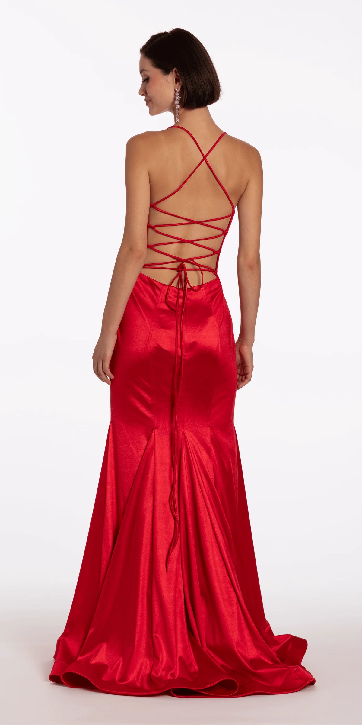 Strappy Back Satin Trumpet Dress with Godets