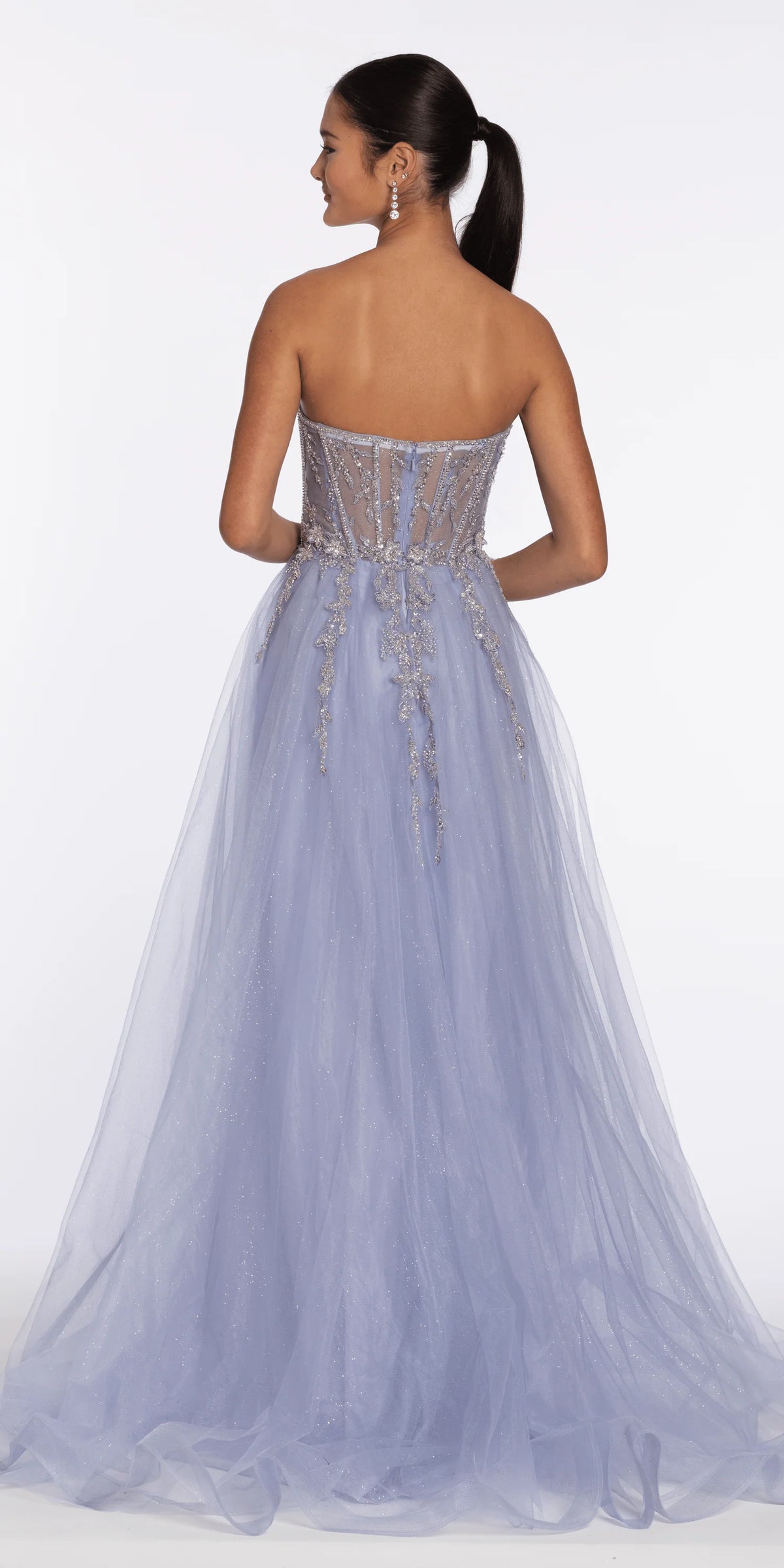Pearl Beaded Strapless Corset Glitter Mesh A Line Dress