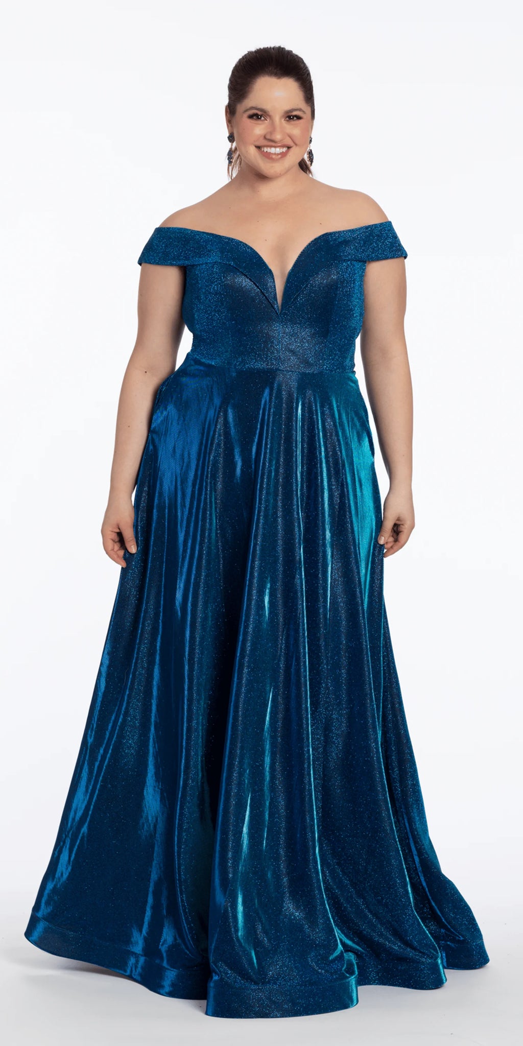 Iridescent Metallic Glitter Off the Shoulder Plunge A Line Dress