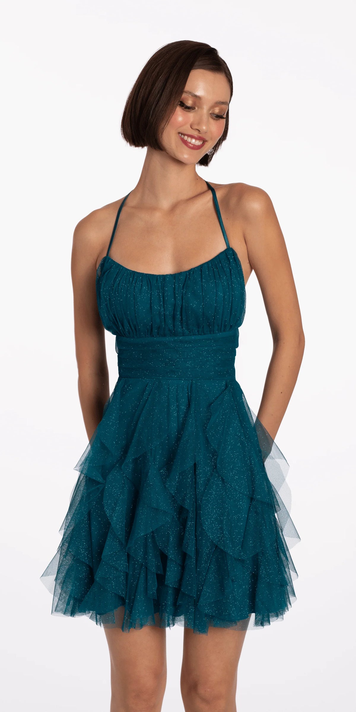 Scoop Neck Glitter Fit and Flare Dress with Tendrils