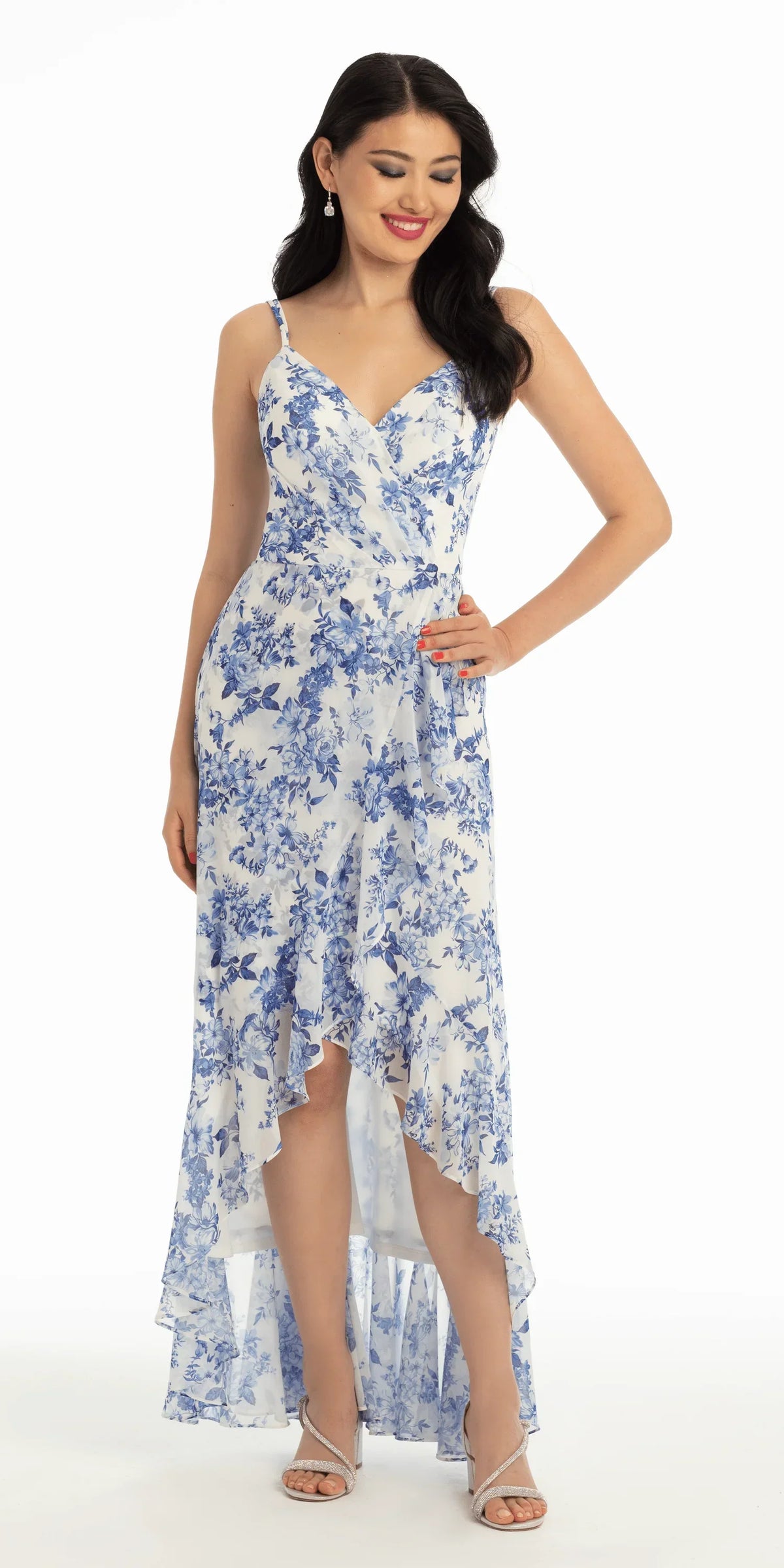Ruffle High Low Chiffon Floral Print Dress