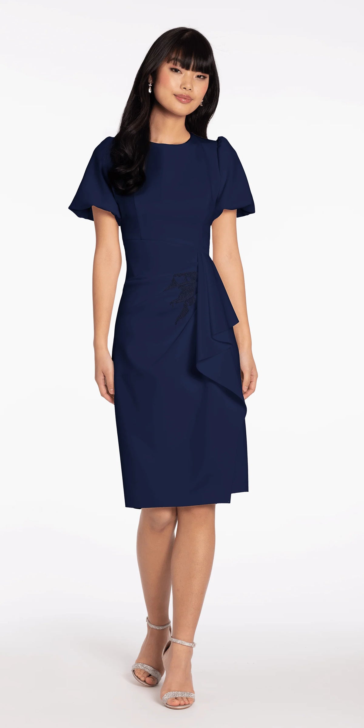Short Puff Sleeve Scuba Midi Dress with Side Cascade