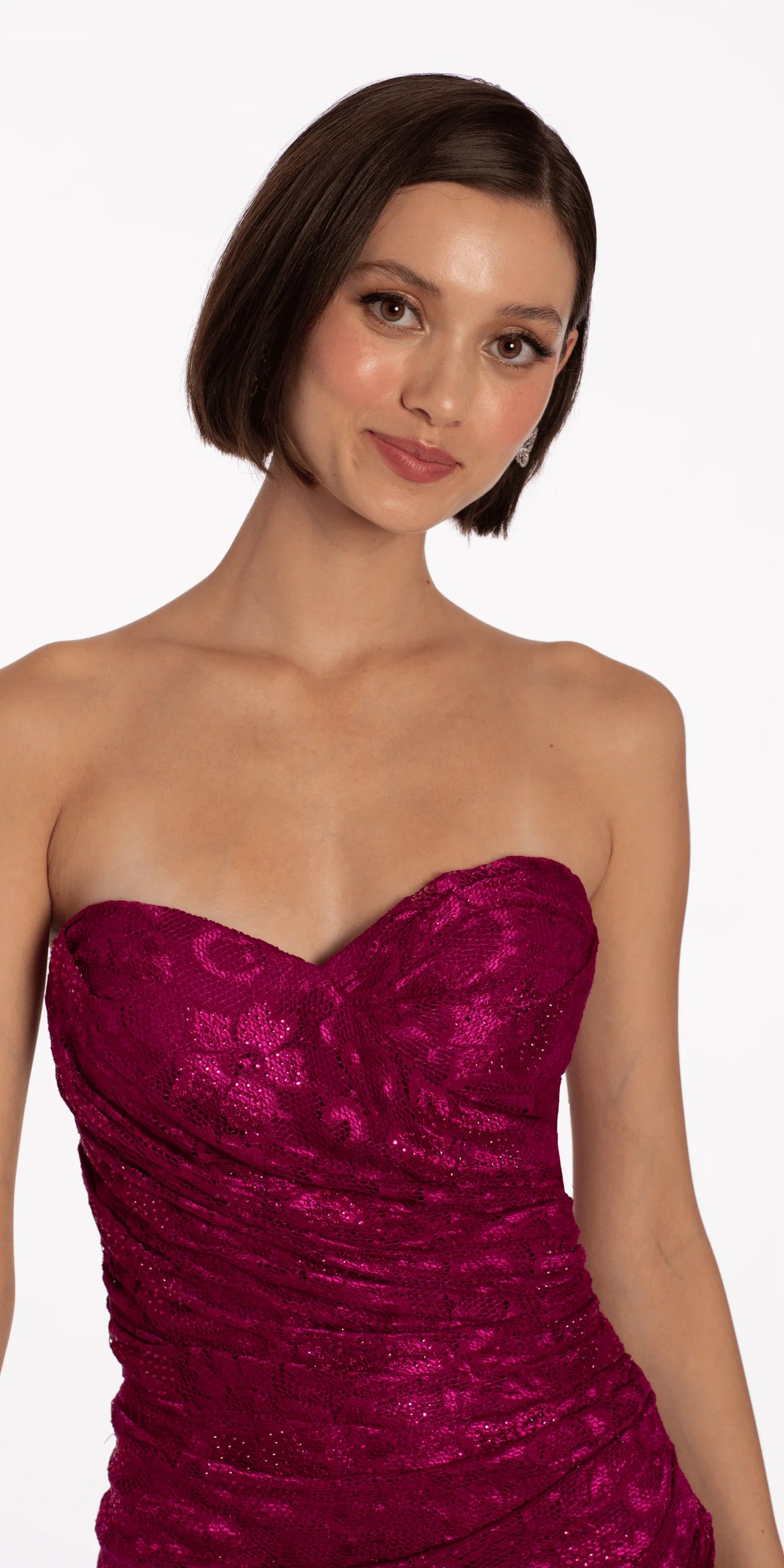 Embellished Strapless Lace Bodycon Dress with Ruching