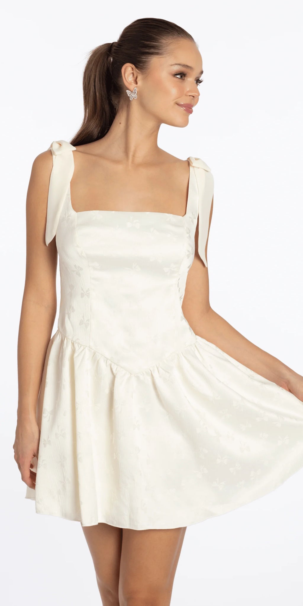 Basque Waist Jacquard Tie Shoulder Dress