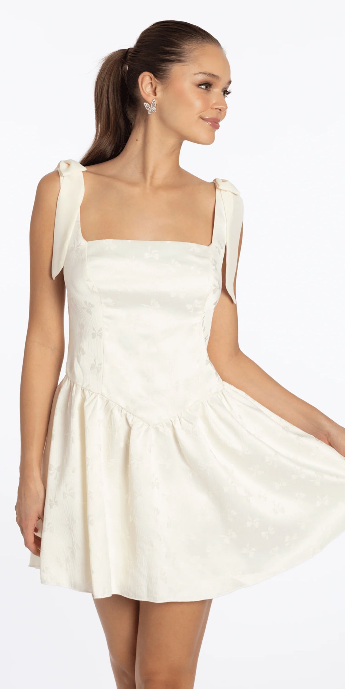 Basque Waist Jacquard Tie Shoulder Dress