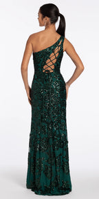 Sequin One Shoulder Lace Up Back Column Dress