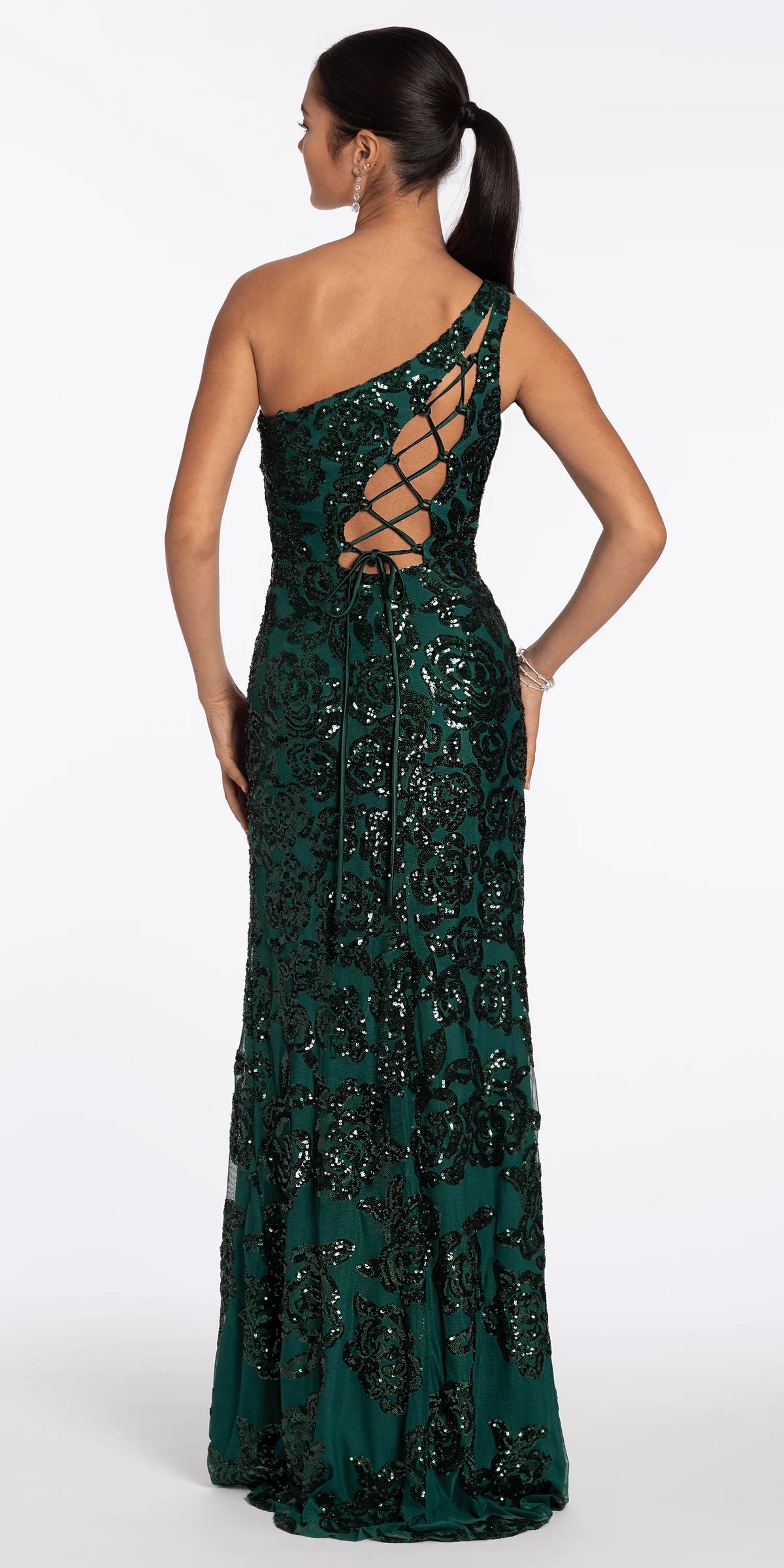Sequin One Shoulder Lace Up Back Column Dress