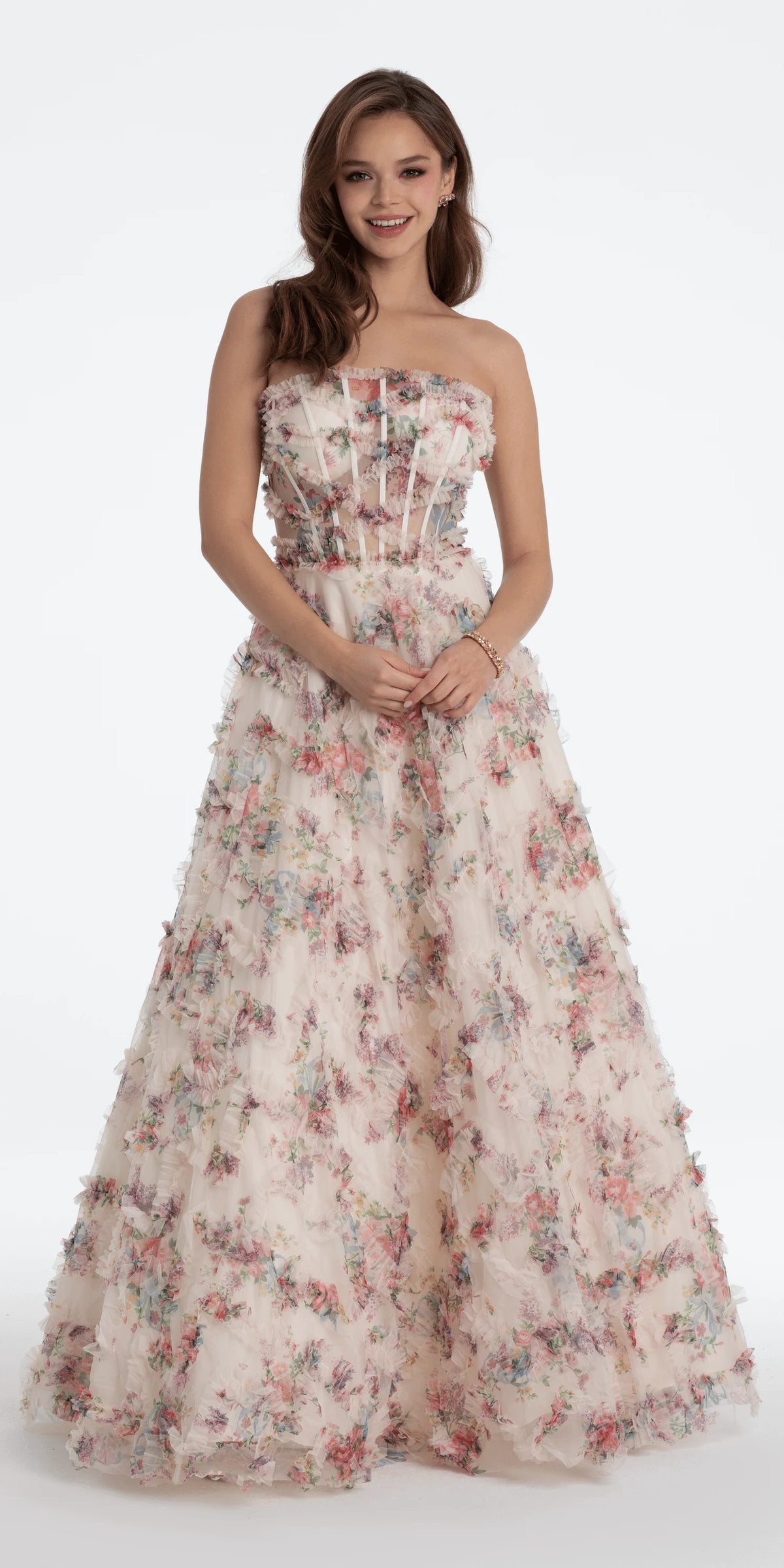 Strapless Ruffle Floral Print Ballgown