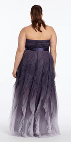 Pleated Strapless Ombre Glitter Mesh A Line Dress