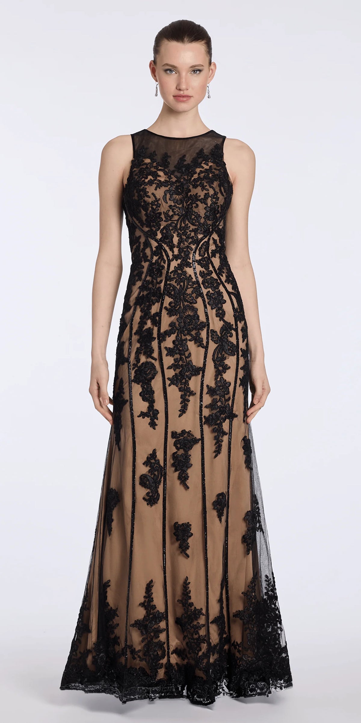 Mesh Embroidered Two Tone Jewel Neck Trumpet Dress with Scalloped Hem