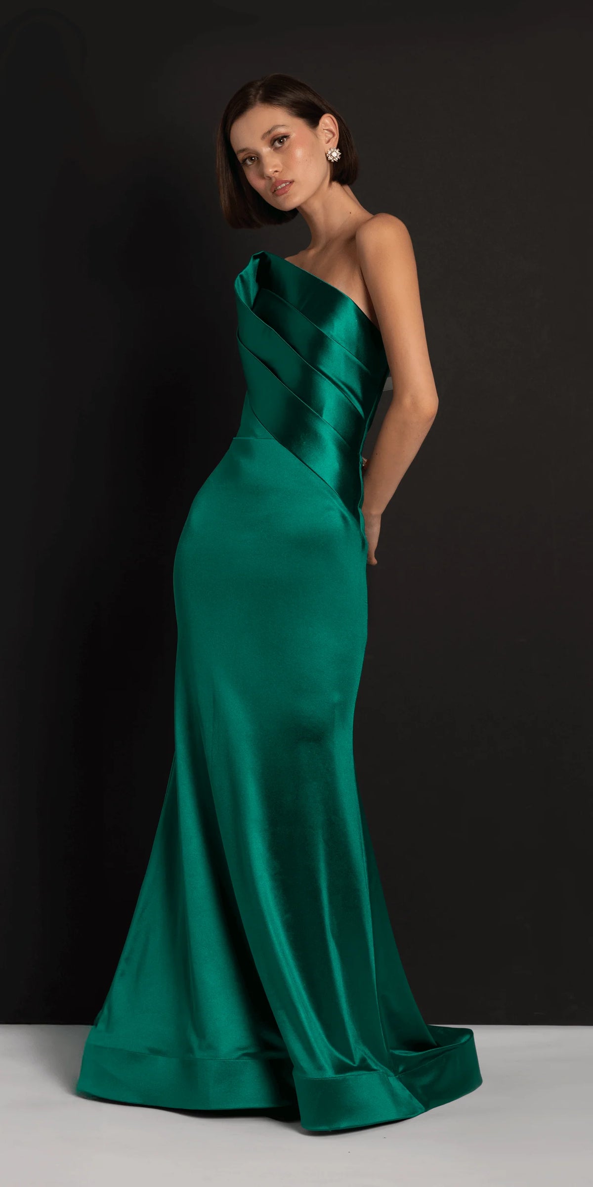 Satin Pleated Strapless Trumpet Dress with Sweep Train