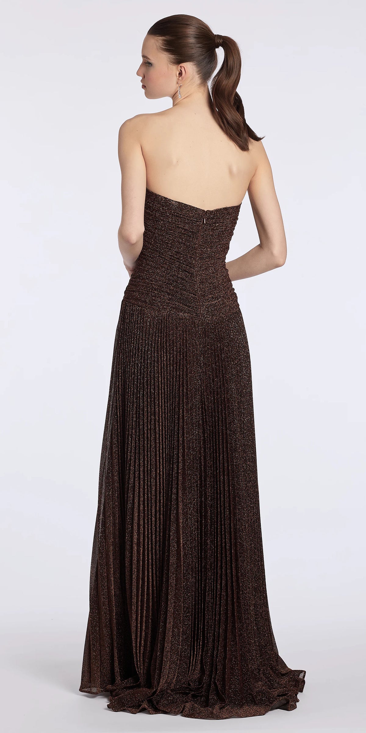 Metallic Knit Strapless Pleated A Line Dress with Side Slit