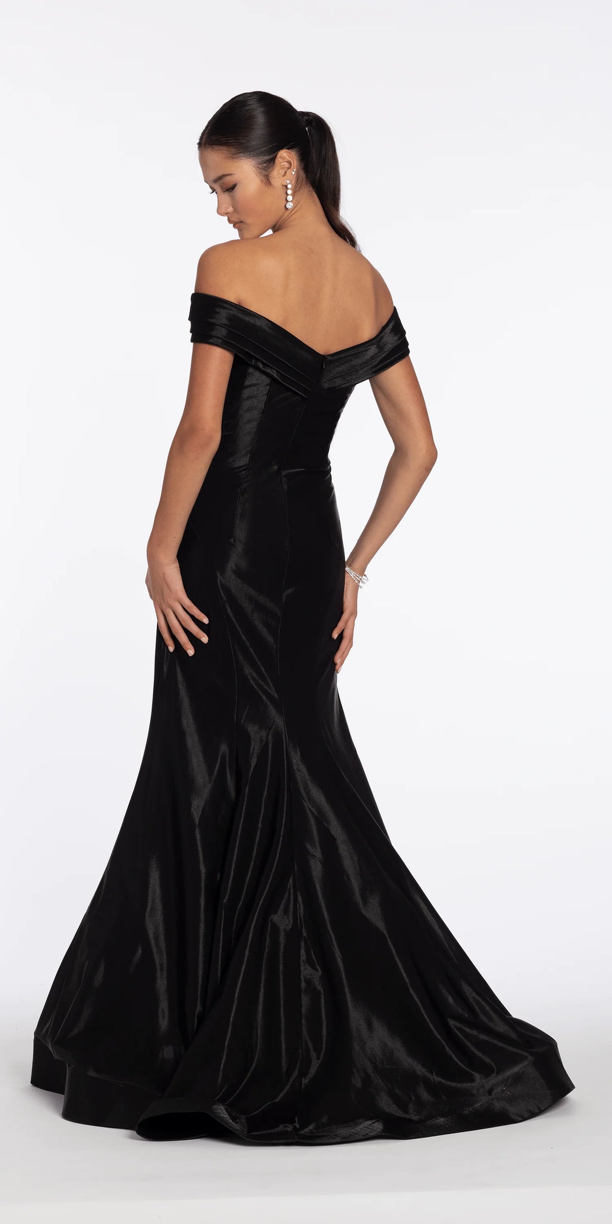 Pleated Off the Shoulder Sateen Trumpet Dress with Sweep Train