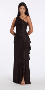 Two Tone Metallic One Shoulder Column Dress with Side Cascade