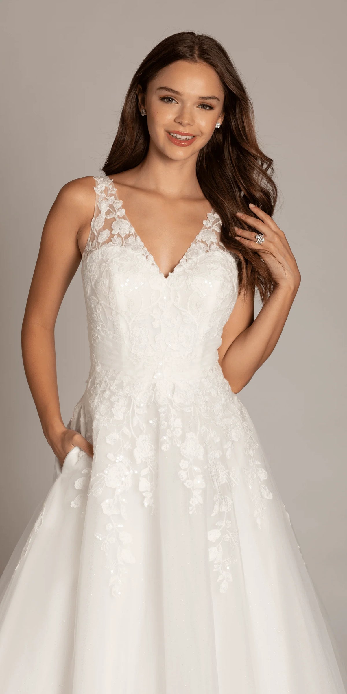 Tulle V Neck Ballgown with Floral Applique Hemline and Pockets