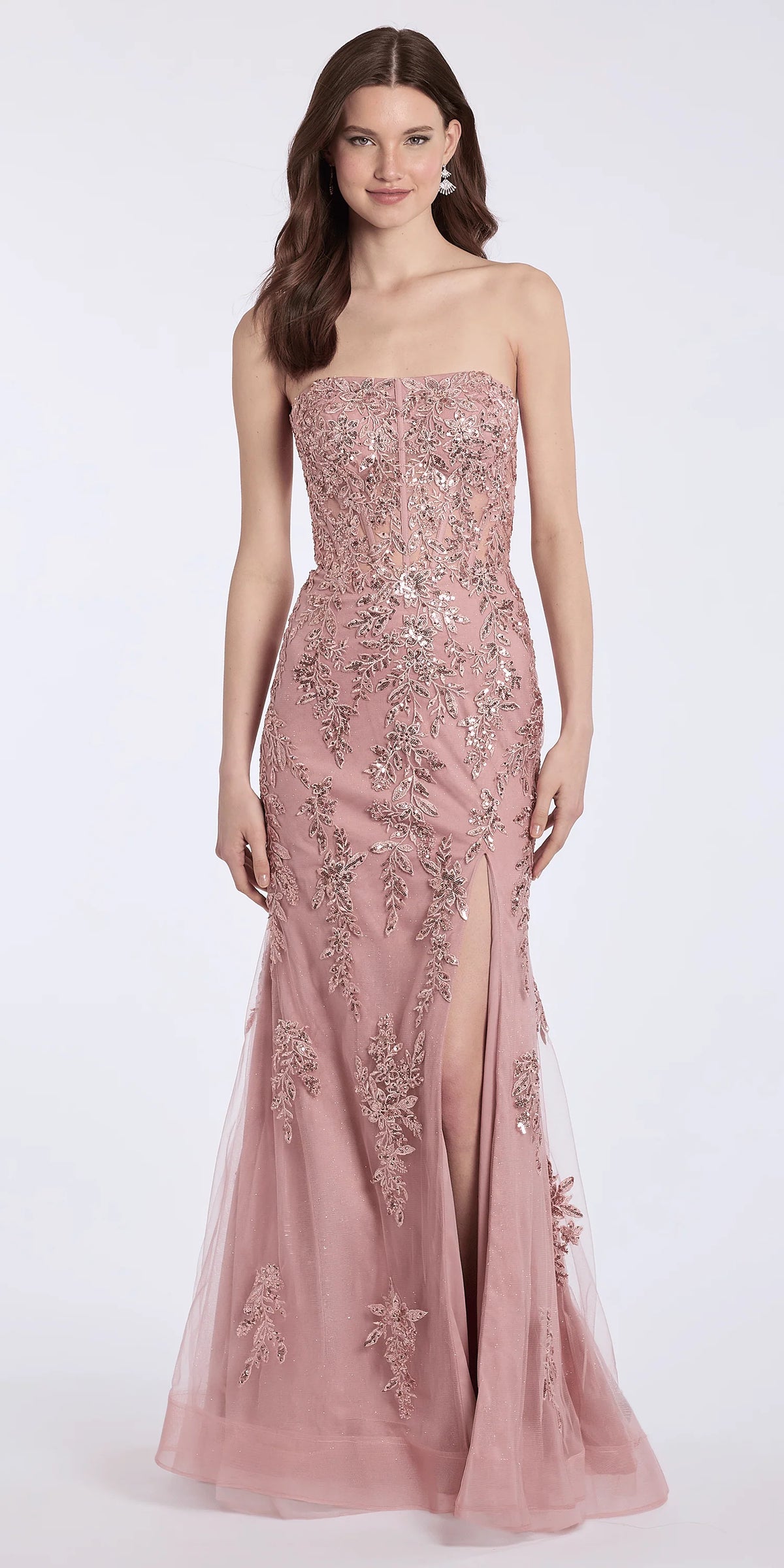 Strapless Mesh Embroidered Sequin Corset Column Dress