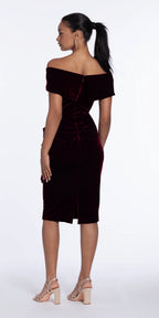 Velvet Off the Shoulder Midi Dress with Side Ruffle