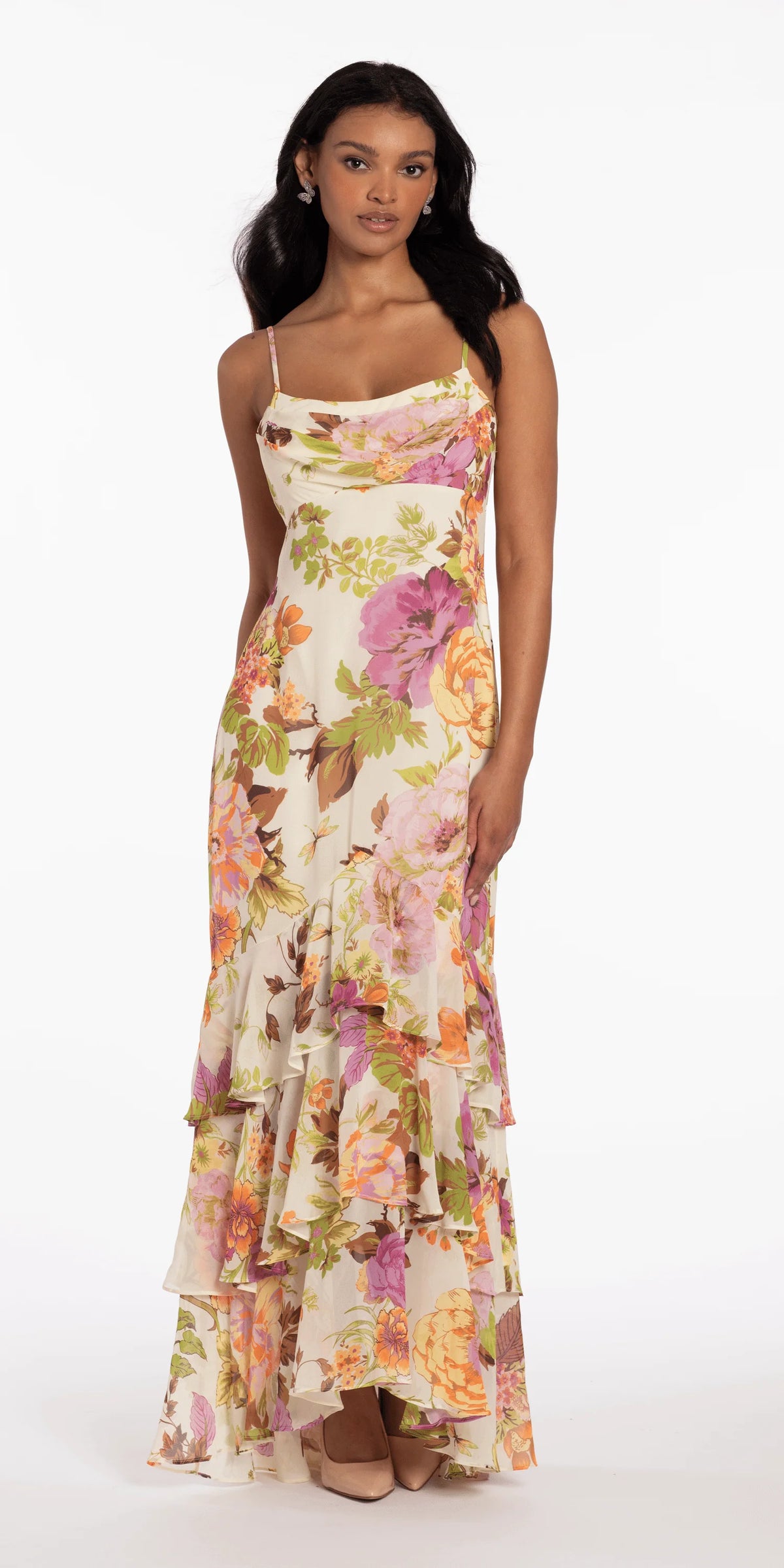 Floral Print Chiffon Drape Front Ruffle High Low Dress