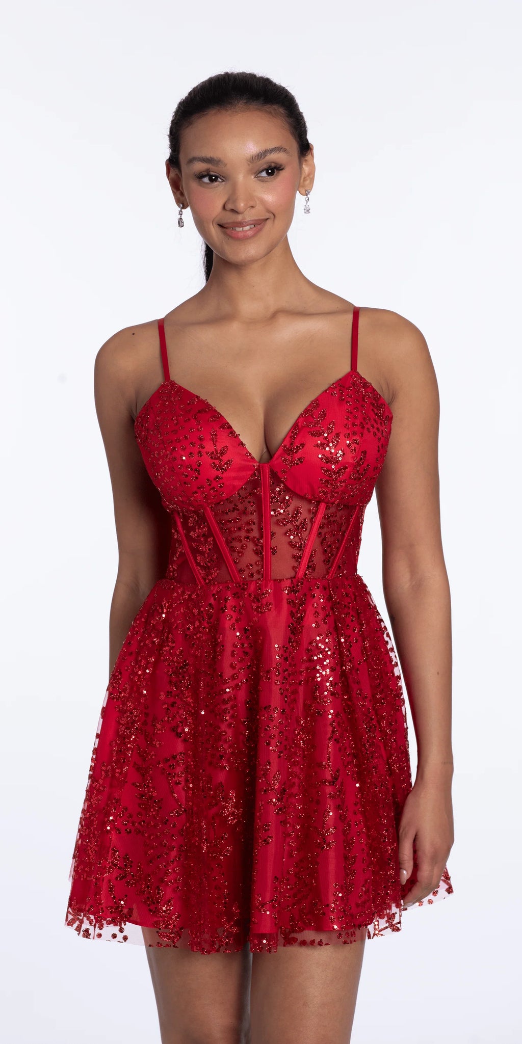 Sweetheart Glitter Mesh Lace Up Back Skater Dress with Pockets