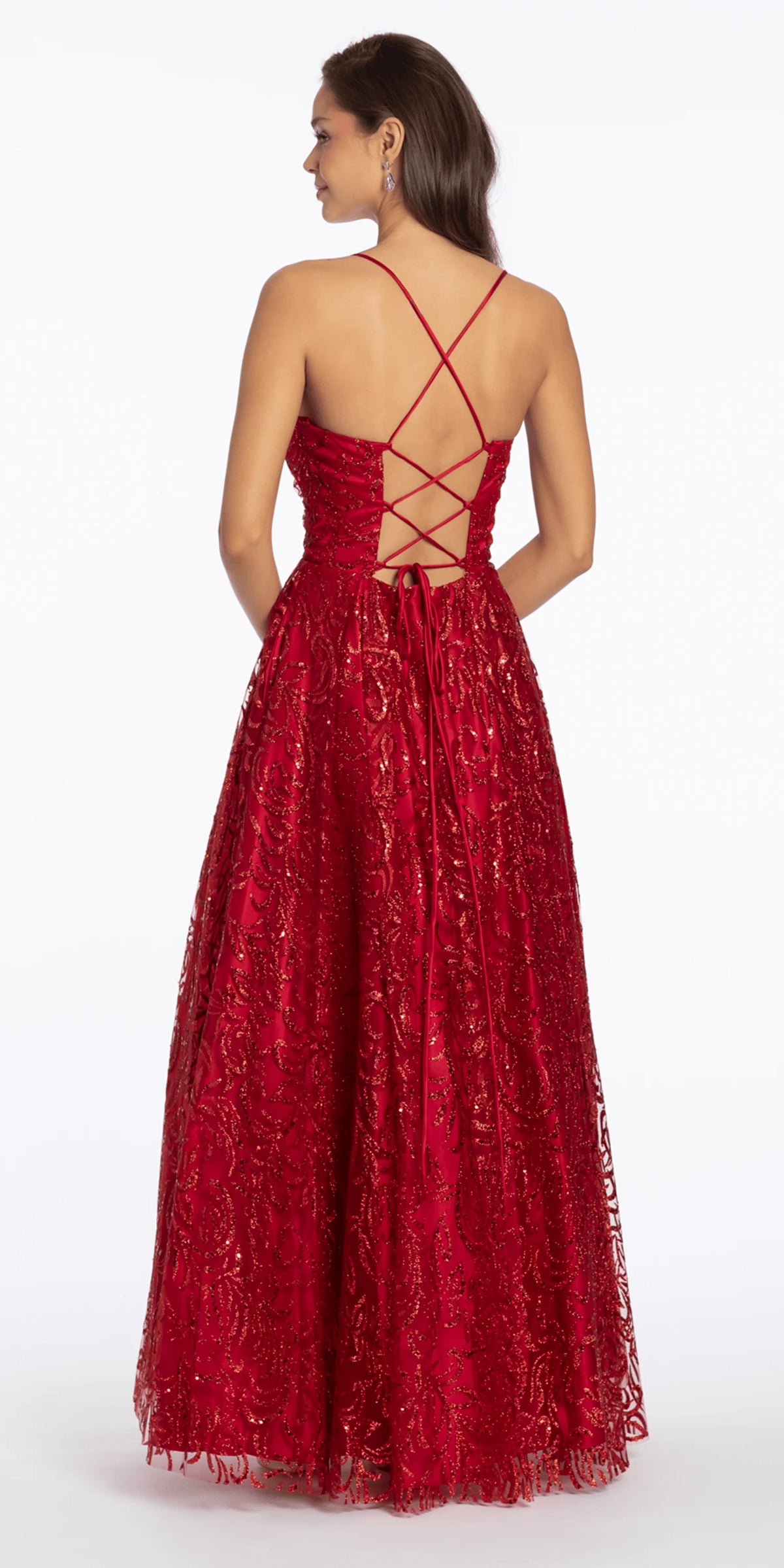 Strappy Back Pinched Sweetheart Glitter Mesh Ballgown with Pockets