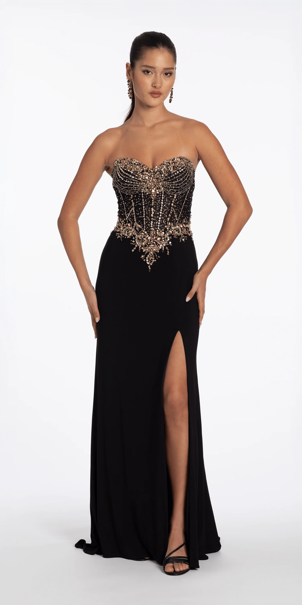Strapless Embellished Jersey Corset Column Dress with Side Slit