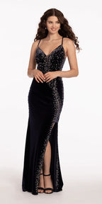 Velvet Rhinestone Plunging Trumpet Dress with Side Slit