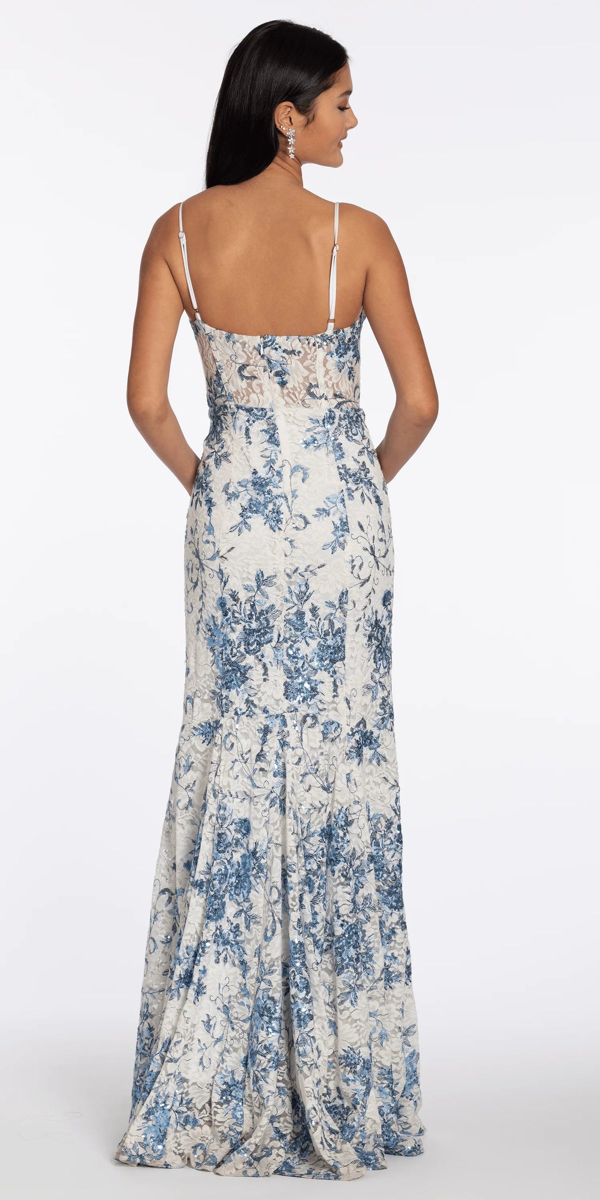 Embellished Floral Lace Plunging Corset Mermaid Dress