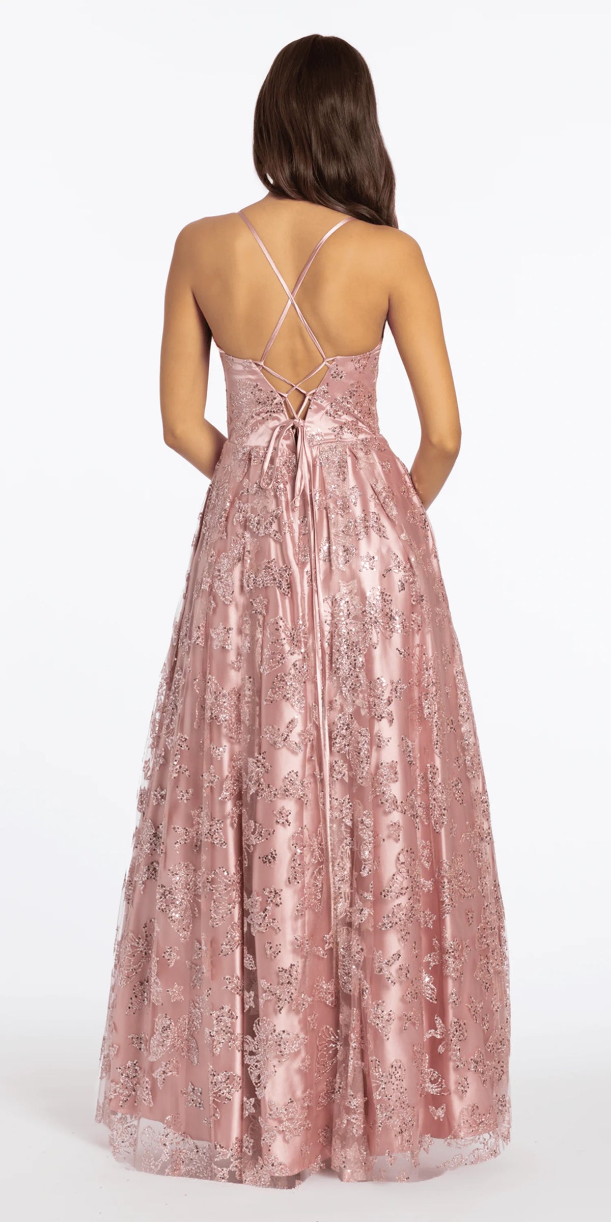Glitter Butterfly Mesh Cowl Neck Corset Lace Up Back Ballgown