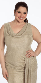 Metallic Cowl Neck Column Dress with Ruching and Tendril